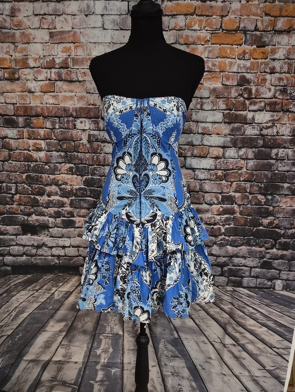 Love The Label Adella Blue Strapless Floral Print Ruffle Dress